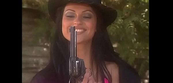  Tight bodied, black haired cowgirl Nikita Denise has fun with a stud outdoors